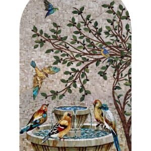 UV printed birds mosaic wall art featuring colorful birds, tree branches, and a fountain in an arch-shaped frame.