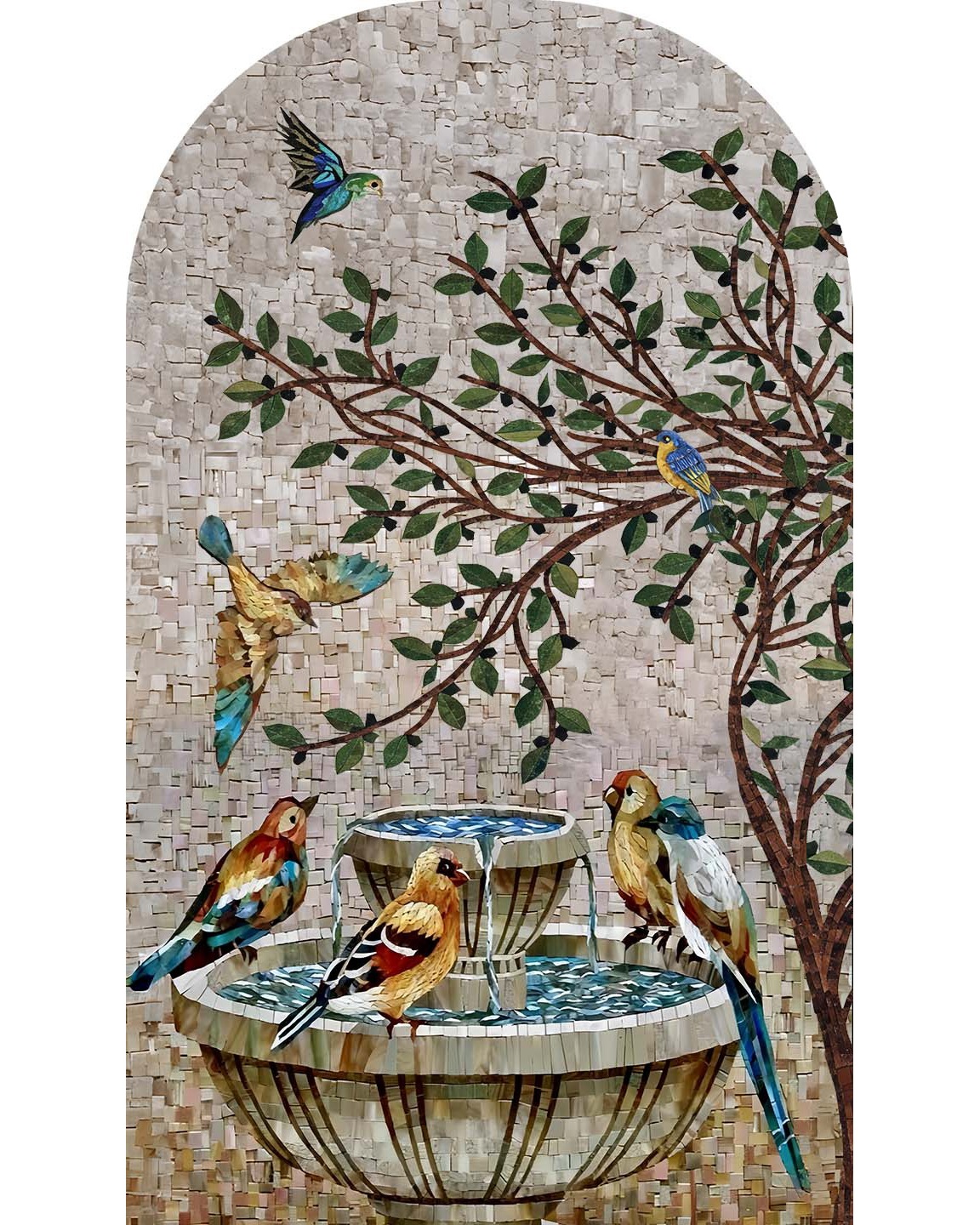UV printed birds mosaic wall art featuring colorful birds, tree branches, and a fountain in an arch-shaped frame.