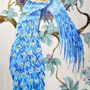 UV printed Peacock Pair mosaic wall art featuring colorful birds, tree branches, and a fountain in an arch-shaped frame.