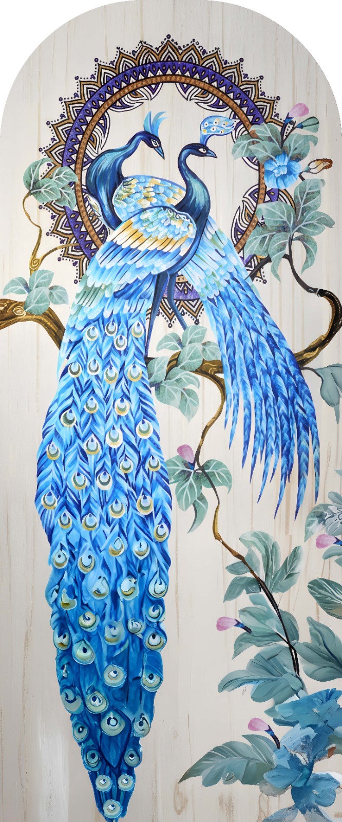 UV printed Peacock Pair mosaic wall art featuring colorful birds, tree branches, and a fountain in an arch-shaped frame.