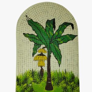 Banana tree UV printed mosaic wall art on stone tiles with arch-shaped design