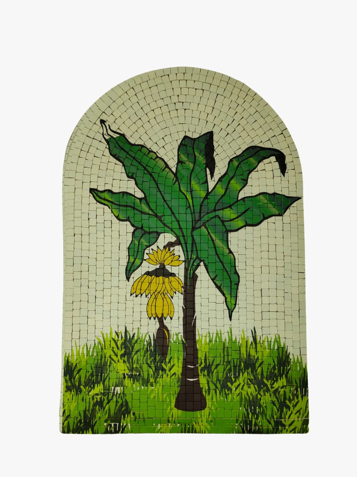 Banana tree UV printed mosaic wall art on stone tiles with arch-shaped design